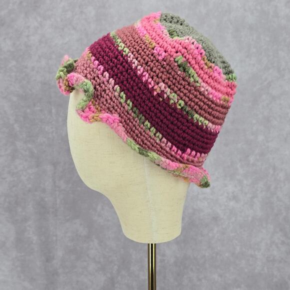 Pink Green Ruffle Crochet Knit Bucket Cap Hat Fun VTG Y2K Funky Beanie - Picture 3 of 4